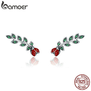 Genuine 100% 925 Sterling Silver Insect Red Ladybug in Tree Leaves Drop Earrings for Women Fine Earrings Jewelry SCE314