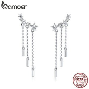 Genuine 925 Sterling Silver Long Chain Star Dazzling CZ Drop Earrings for Women Fashion Earrings Silver Jewelry SCE399
