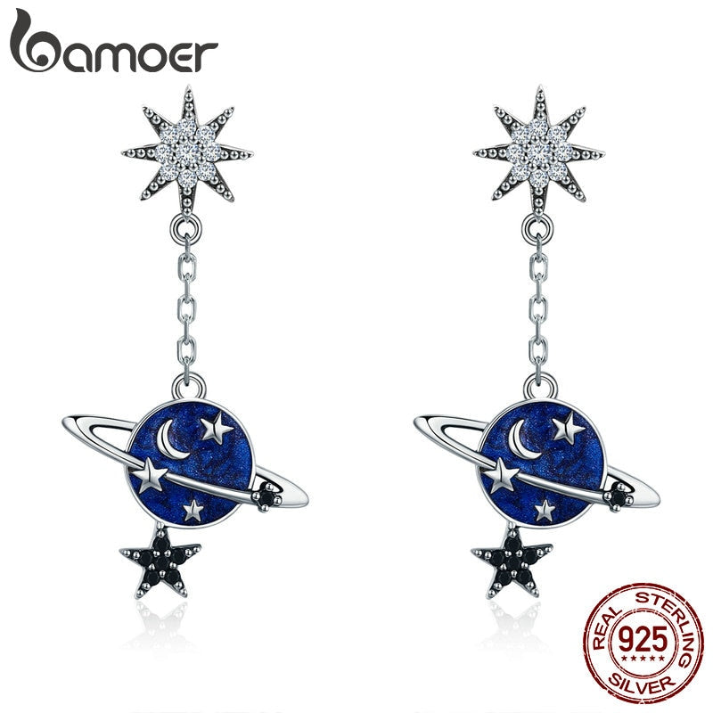 High Quality 100% 925 Sterling Silver Sparkling CZ Moon and Star Drop Earrings for Women Sterling Silver Jewelry SCE348