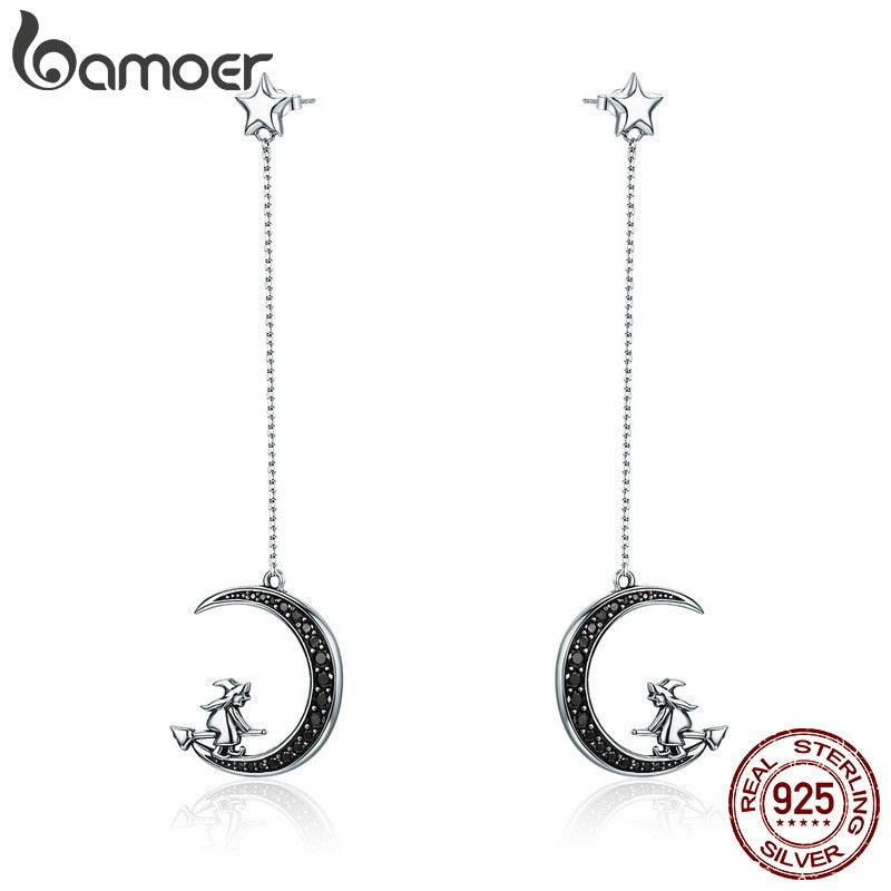 Real 925 Sterling Silver Magic Witch in Moon Star Black CZ Long Drop Earrings for Women Sterling Silver Jewelry SCE287