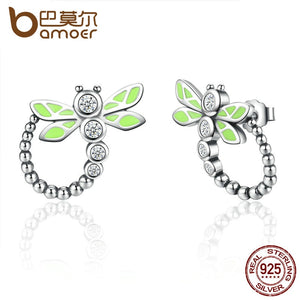 Real 925 Sterling Silver Vivid Green Dragonfly Animal Drop Earrings For Women Fashion Anniversary Jewelry SCE018