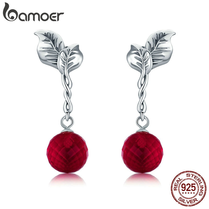 Summer Collection 100% 925 Sterling Silver Summer Fruit Red Crystal Drop Earrings for Women Fine Silver Jewelry SCE356