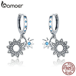 Vintage 925 Sterling Silver Sunflower Sparkling Geometric Star Drop Earrings for Women Sterling Silver Jewelry SCE461