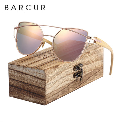 BARCUR Bamboo Cat Eye Sunglasses Polarized Metal Frame Wood Glasses Lady  Sun Shades With Box Free