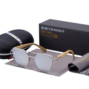 BARCUR Occhiali da sole Cat Eye in bambù Occhiali da sole polarizzati con montatura in metallo Occhiali da sole da donna con scatola gratuita 