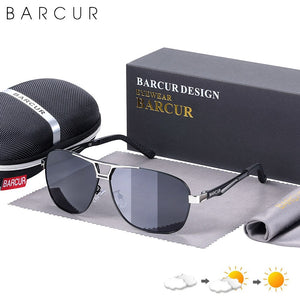 BARCUR Pilot Photochromic Sunglasses Metal Frame Men Polarized Sun Glasses Glass Eyewear Trend Styles UV400 Protection