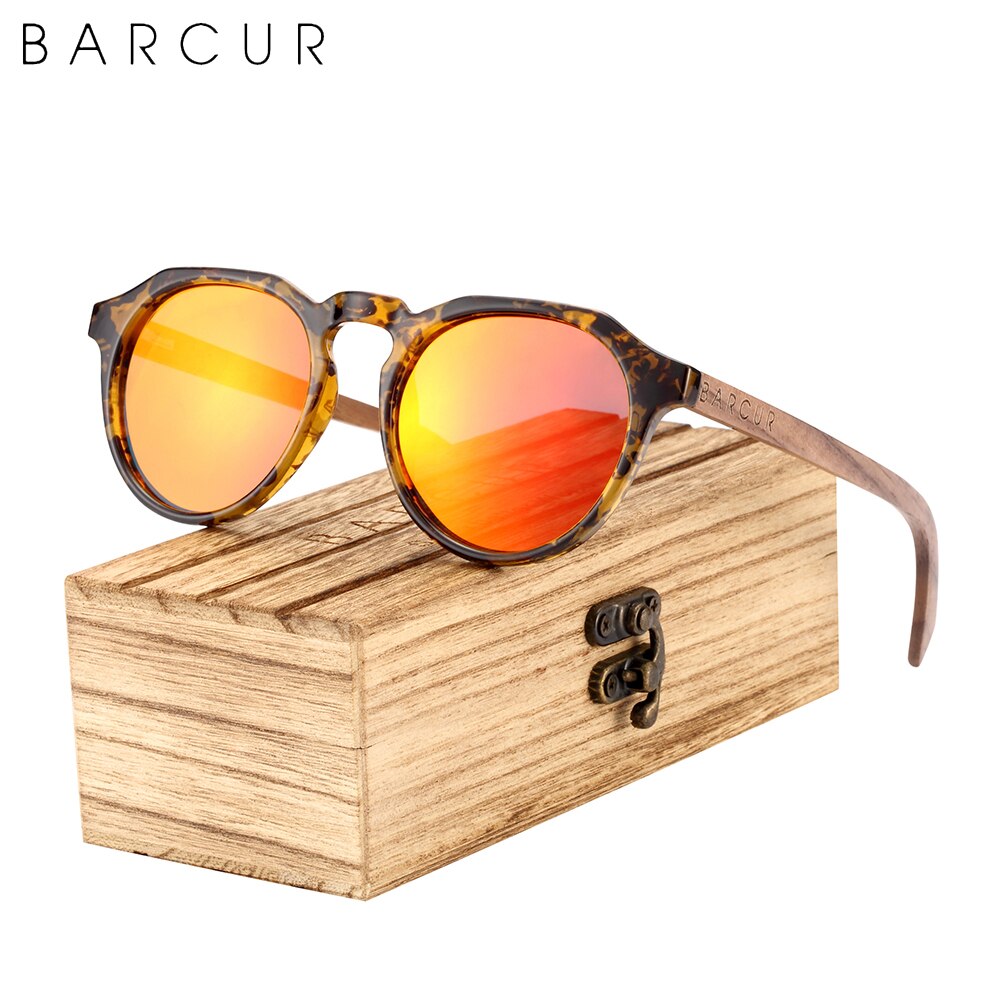 BARCUR Retro Polarized Brand Design Walnut Wood Temple Women Sunglasses Round Plastic Frame Men Glasses UV400 Free Wood Case