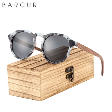 BARCUR Occhiali da sole da donna con design di marca retrò polarizzati in legno di noce Occhiali da sole rotondi con montatura in plastica Occhiali da uomo UV400 Custodia in legno gratuita