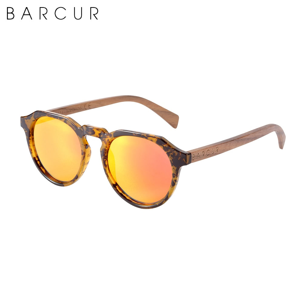 BARCUR Retro Polarized Brand Design Walnut Wood Temple Women Sunglasses Round Plastic Frame Men Glasses UV400 Free Wood Case