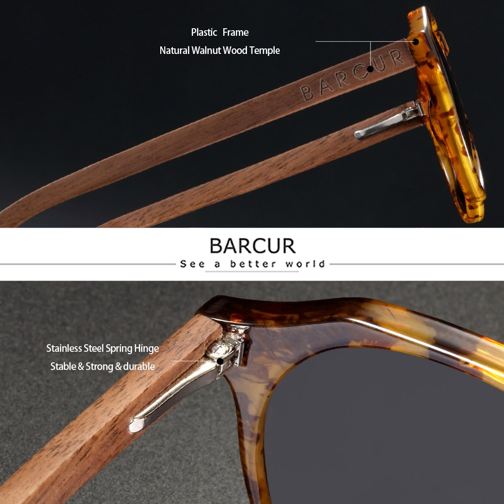 BARCUR Retro Polarized Brand Design Walnut Wood Temple Women Sunglasses Round Plastic Frame Men Glasses UV400 Free Wood Case