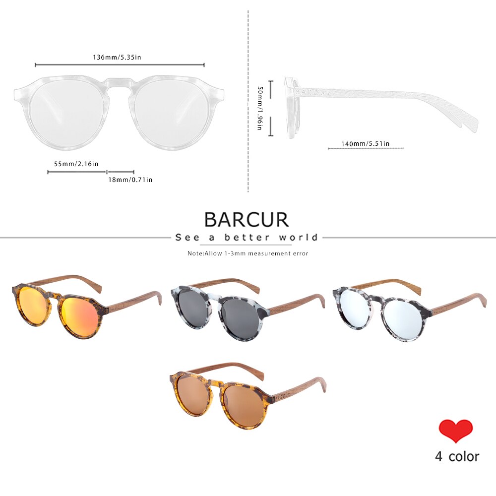 BARCUR Retro Polarized Brand Design Walnut Wood Temple Women Sunglasses Round Plastic Frame Men Glasses UV400 Free Wood Case