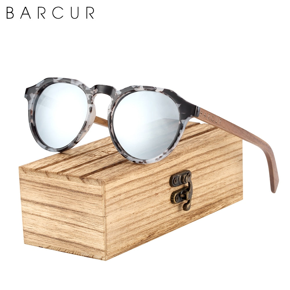 BARCUR Retro Polarized Brand Design Walnut Wood Temple Women Sunglasses Round Plastic Frame Men Glasses UV400 Free Wood Case