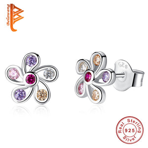100% 925 Sterling Silver Daisy Flower Stud Earrings with Multicolor Zircon Stone Earrings For Women Wedding Jewelry
