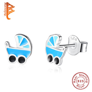 925 Sterling Silver Cute Jewelry Blue Enamel Baby Stroller Stud Earrings For Women Children Brincos Jewelry Girls
