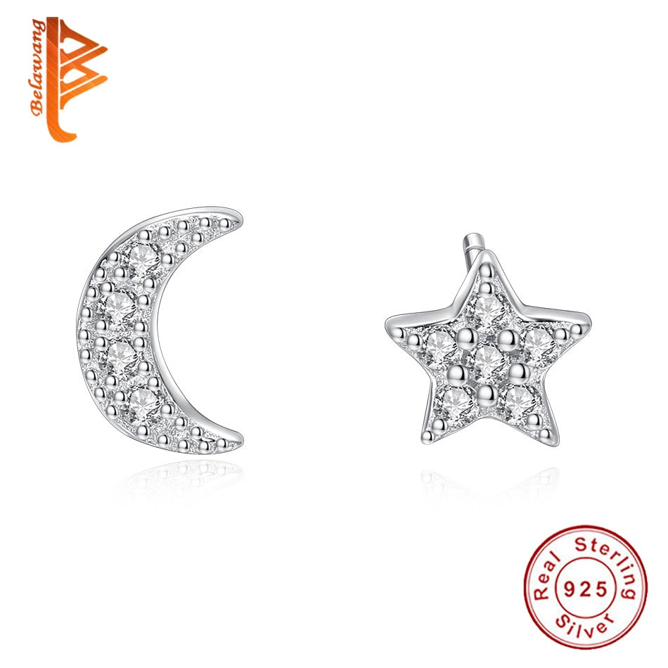 925 Sterling Silver Moon Star Stud Earrings Wedding Jewelry Christmas Gift Cubic Zirconia Crystal Earrings for Women