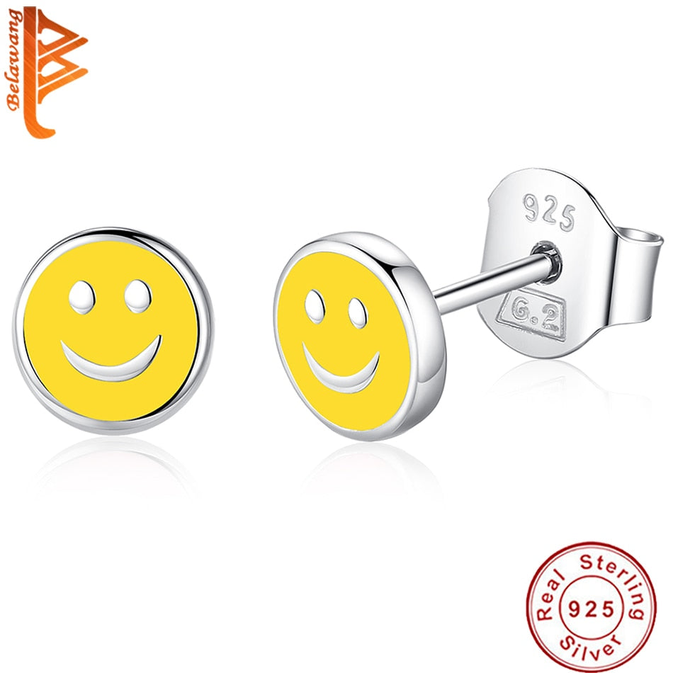 925 Sterling Silver Stud Earrings for Women Girls Yellow Enamel Smile Face Earrings Jewelry Gift For Kids Children