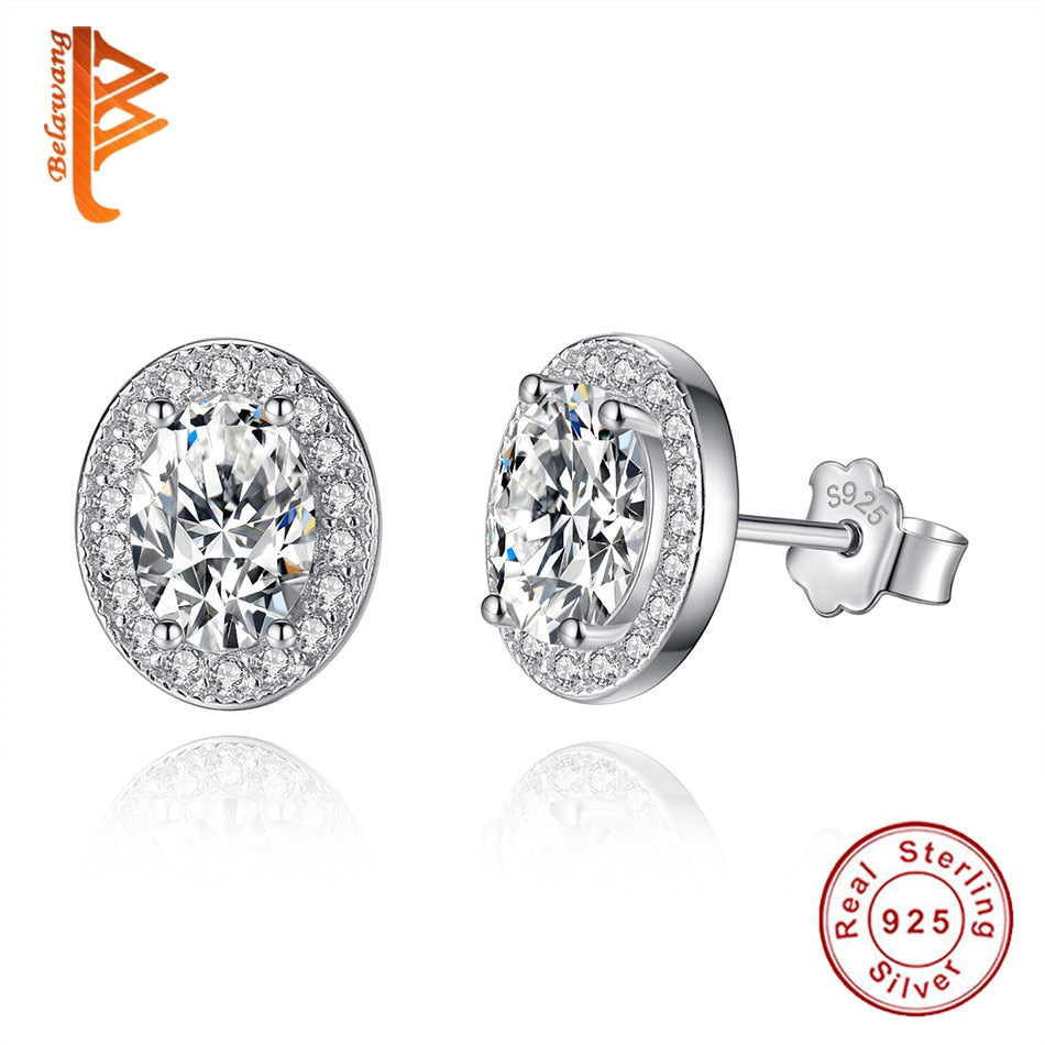 Authentic 100% 925 Sterling Silver Oval CZ Crystal Stud Earrings for Women Ladies Fashion Jewelry Bijoux Gift