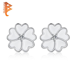 Five Petals White Enamel Flower Stud Earrings For Women Jewelry Elegant Silver Ear Studs Earrings Party Jewelry Gift