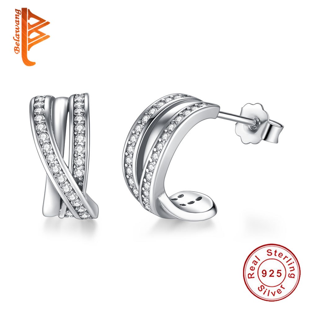 Genuine 100% 925 Sterling Silver Stackable Stripe Stud Earrings with Clear CZ Earrings Statement Women Party Jewelry