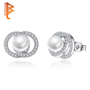 Luxury Brand 100% Genuine Pearl Jewelry Austrian Crystal CZ Circle Knots Stud Earrings For Women Girls Wedding Gift