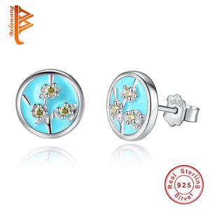 New Fashion Blue Enamel & Clear CZ Apricot Flower Stud Earrings For Women 925 Sterling Silver Earrings Jewelry Gifts