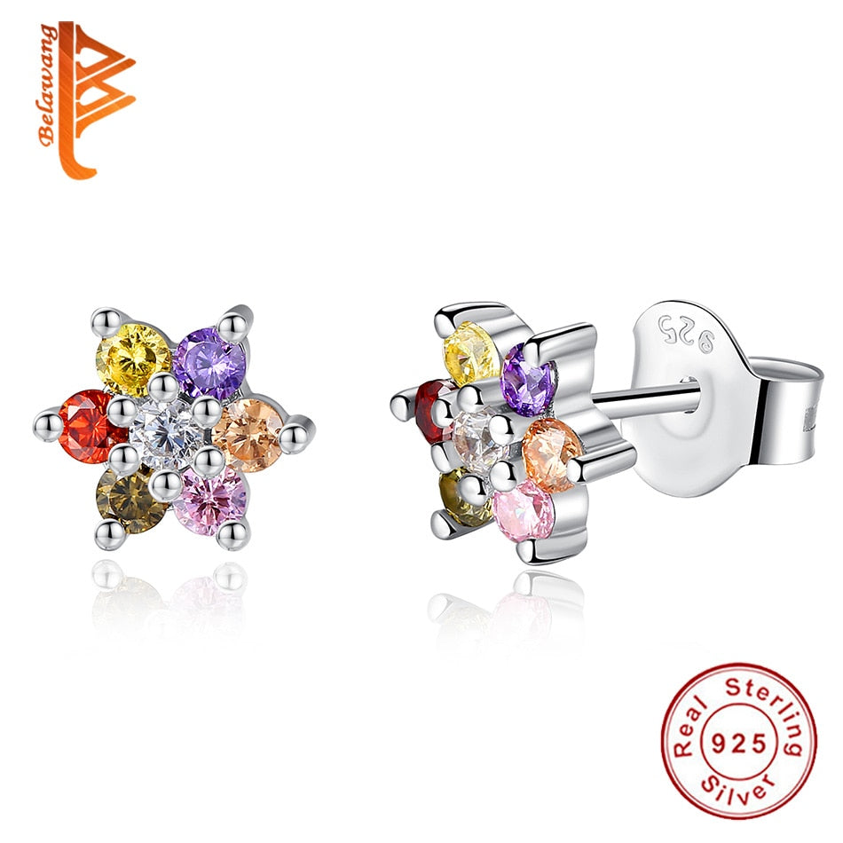 Pure 925 Sterling Silver Multicolor Clear CZ AAA Zircon Stones Snowflake Flower Stud Earring For Women Girl Jewelry