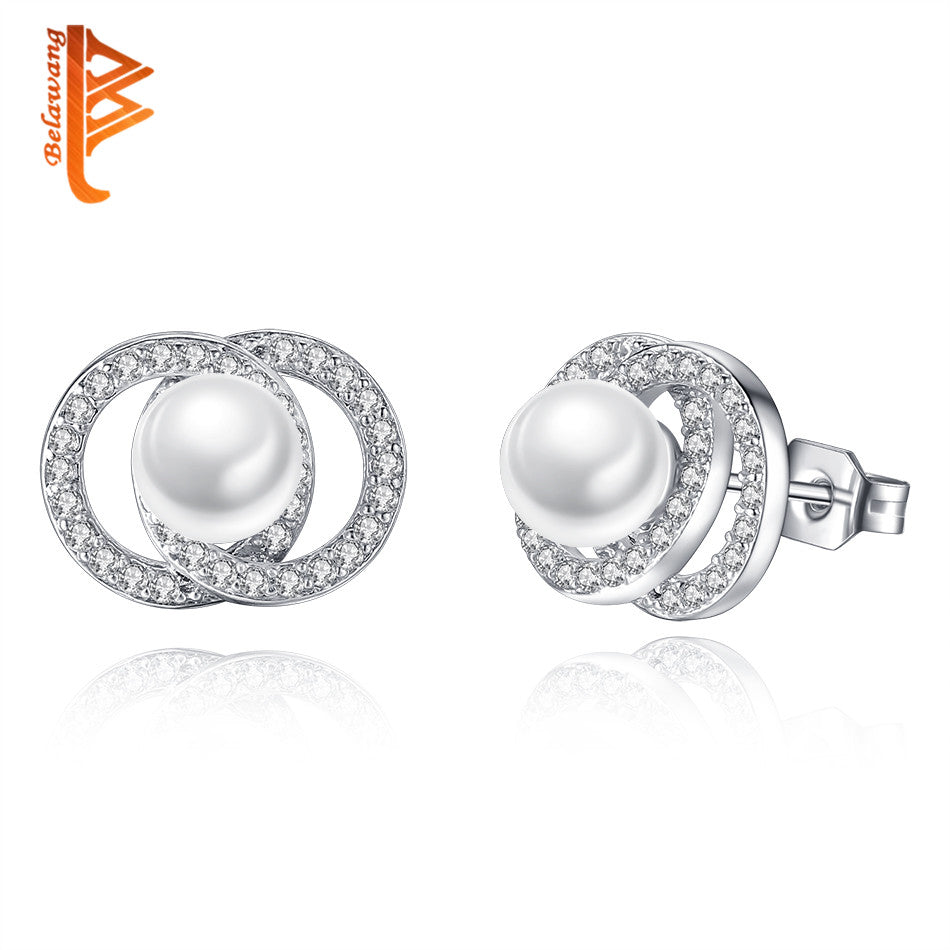 Trendy Elegant Simulated Pearl Stud Earrings Pave CZ Crystal Love Knot Silver Earrings For Women Wedding Jewelry Gift