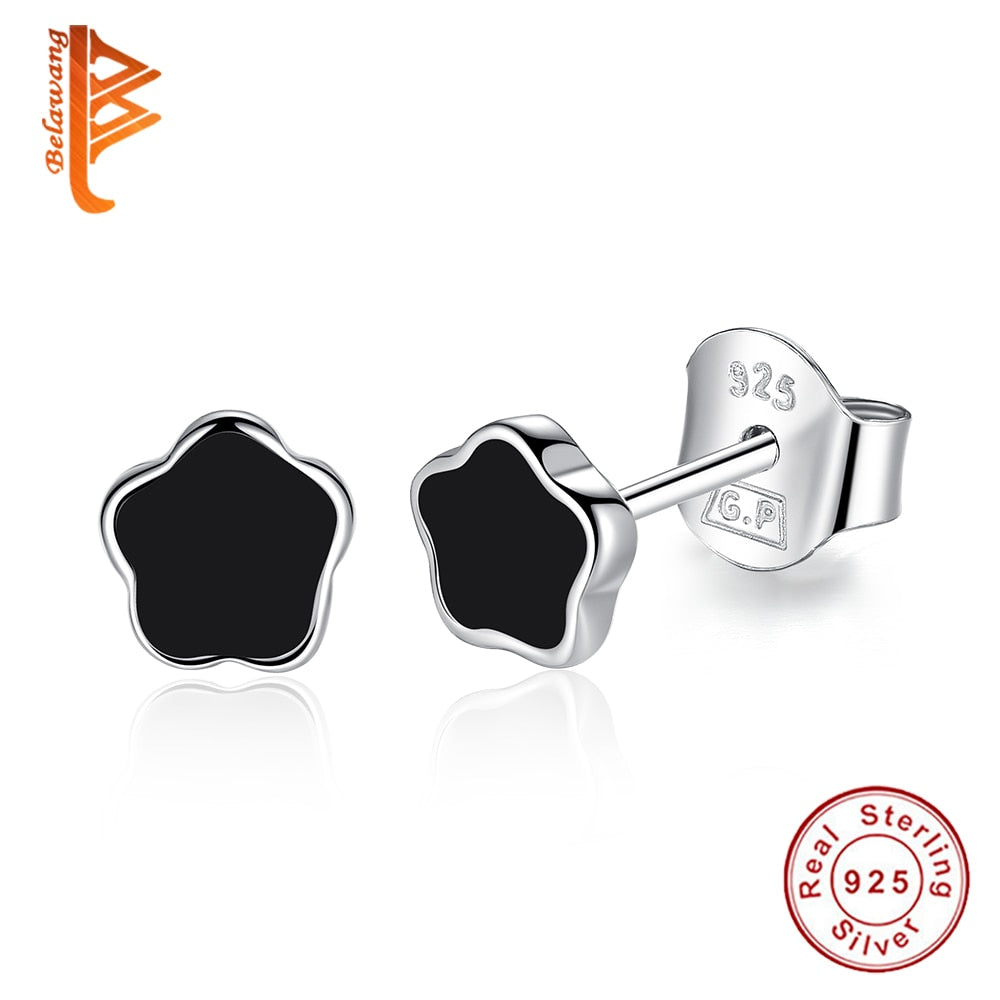 Vintage 100% 925 Sterling Silver Stud Earrings Black Enamel Five-pointed Star Earrings for Women Fashion Jewelry Gift