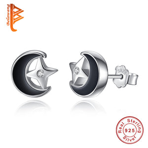 Vintage Black Enamel Moon & Crystal Star Stud Earrings Wedding 925 Sterling Silver Earrings for Women Fashion Jewelry