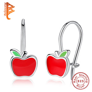 Women's Fashion Lovely Cute Red Enamel Apple Stud Earrings Female 925 Sterling Silver Earrings for Children Girls