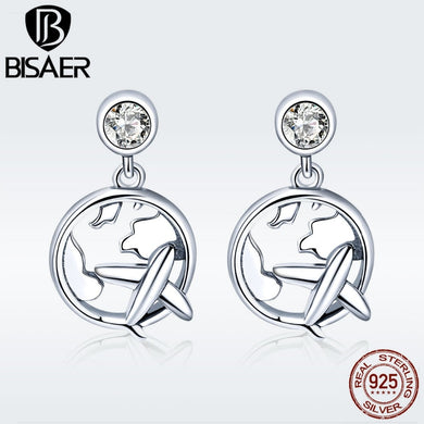 BISAER 925 Sterling Silver Travel Dream Plane Map Shape Stud Earrings for Women Fashion Earrings Jewelry Brincos Bijoux ECE427