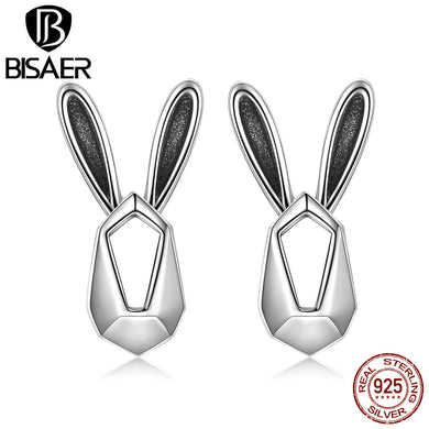 BISAER Fashion 925 Sterling Silver Animal Rabbit Earrings Geometric Stud Earrings For Women Jewelry Brincos Femme HSE060