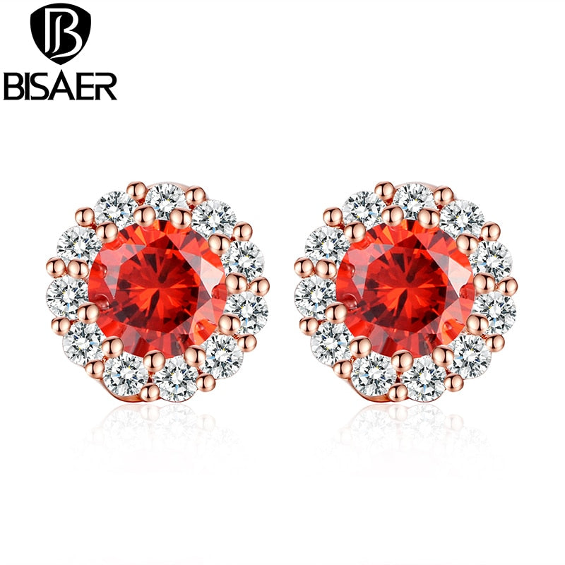 BISAER New Trendy Gold Color Red Stones Crystals Girl Stud Earrings with AAA Zircon Earrings Jewelry Party Gift HME054-RD