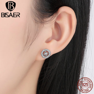 BISAER Real 925 Sterling Silver Vintage Allure Clear CZ Stud Earrings Women Wedding Jewelry Brincos WEUS485