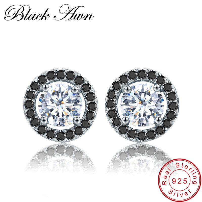 [BLACK AWN] 100% Genuine 2.5g 925 Sterling Silver Round Jewelry Black Spinel Stone Cute Engagement Stud Earrings for Women T125
