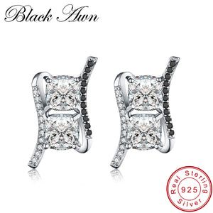 [BLACK AWN] Classic Black&White Stone Genuine 100% 925 Sterling Silver Jewelry Wedding Stud Earrings for Women T161