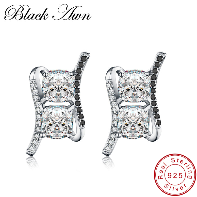 [BLACK AWN] Classic Black&White Stone Genuine 100% 925 Sterling Silver Jewelry Wedding Stud Earrings for Women T161