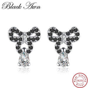 [BLACK AWN] Genuine 925 Sterling Silver Jewelry Bow-knot Black Spinel Stone Stud Earrings for Women T113