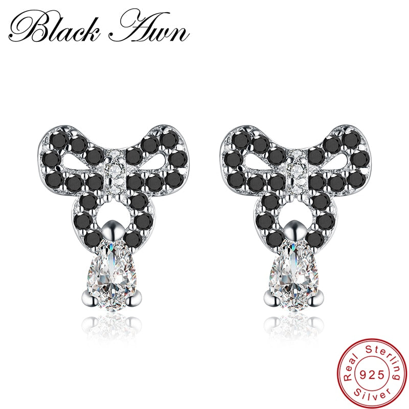 [BLACK AWN] Genuine 925 Sterling Silver Jewelry Bow-knot Black Spinel Stone Stud Earrings for Women T113