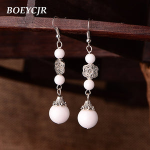 Chinese Natural White Stone Earrings Vintage Ethnic Jewelry Beads Dangle Drop Hook Earrings For Women Christmas 2018