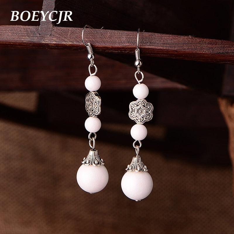 Chinese Natural White Stone Earrings Vintage Ethnic Jewelry Beads Dangle Drop Hook Earrings For Women Christmas 2018