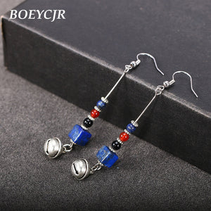 Natural Blue Stone Bead Drop Earrings Handmade Nepalese Ethnic Bell Earrings Fashion Jewelry Dangle Earrings for Women