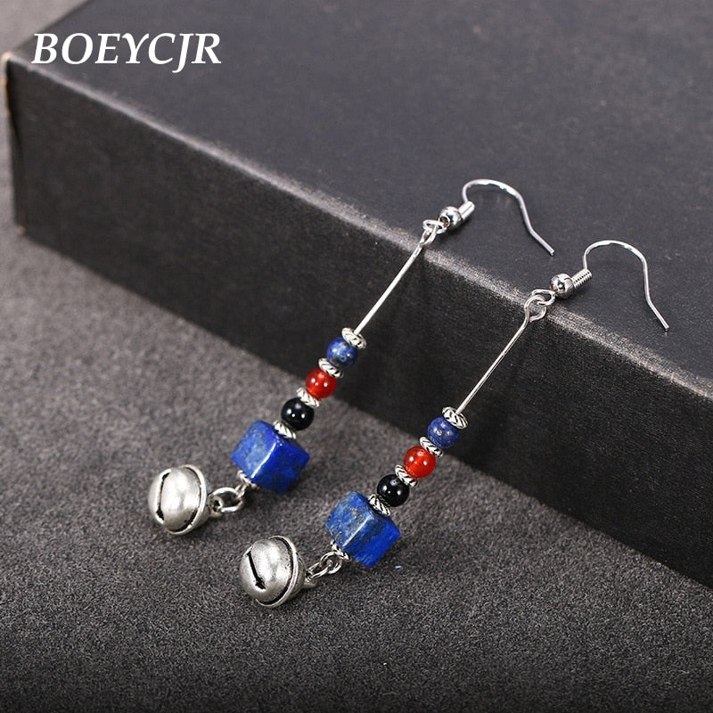 Natural Blue Stone Bead Drop Earrings Handmade Nepalese Ethnic Bell Earrings Fashion Jewelry Dangle Earrings for Women