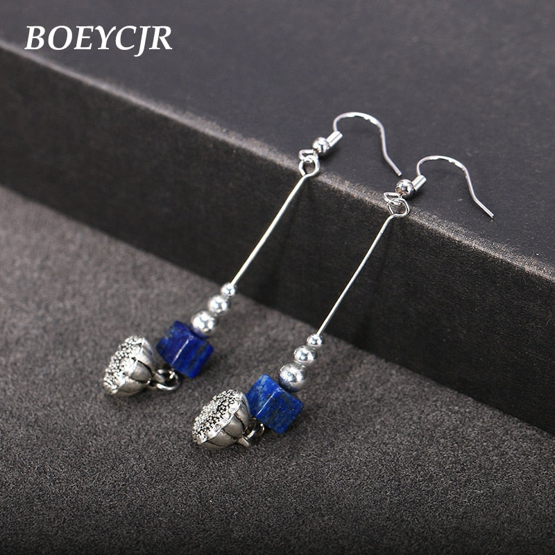Natural Blue Stone Bead Drop Earrings Handmade Nepalese Ethnic Flower Earrings Fashion Jewelry Dangle Earrings for Women