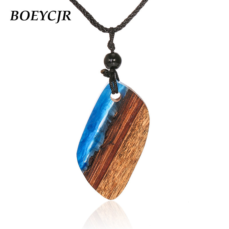 Wood & Resin Necklace Ethnic Jewelry Vintage Retro Design Handmade Blue Resin Necklace For Women or Men Gift 2018