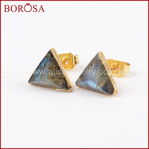 8mm Triangle Gold Color Natural Labradorite Faceted Drusy Stud Earrings, Druzy Stone Studs Earrings for Wholesale G1300
