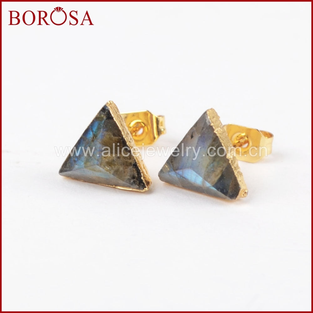 8mm Triangle Gold Color Natural Labradorite Faceted Drusy Stud Earrings, Druzy Stone Studs Earrings for Wholesale G1300