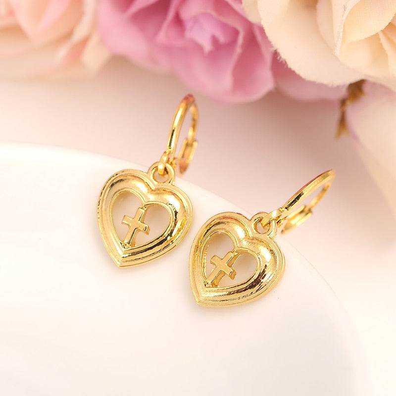 Gold Color Heart cross drop Earrings Women/Girl,Love Trendy Jewelry for African/Arab/Middle Eastern kids gift