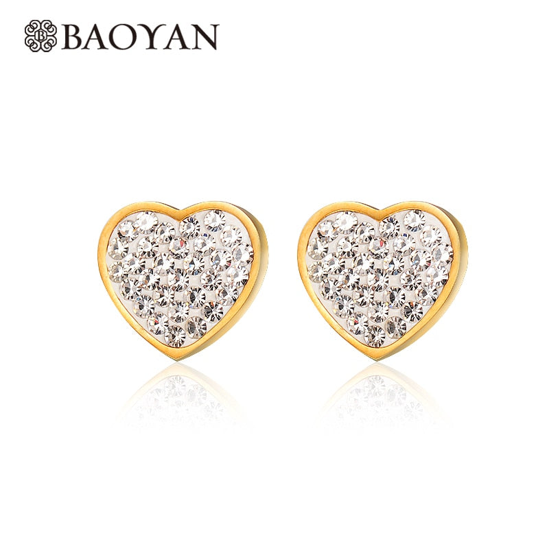 316L Stainless Steel Cute Ladies Gold Color Crystal Heart Stud Earring for Women Wholesale Mixed Lots N3