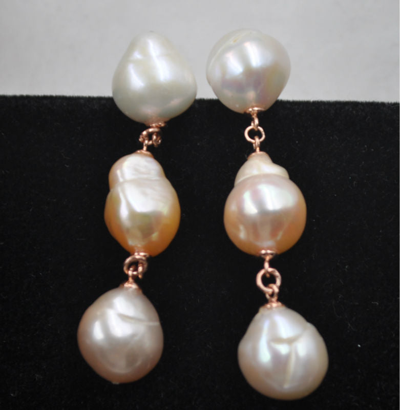 Baroque dangle 11-12mm Mix (natural) real pearl earring rose golden